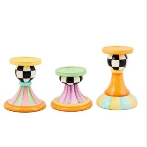 Mackenzie-Childs Trick or Treat Pillar Candle holders, set of 3. New in Box!